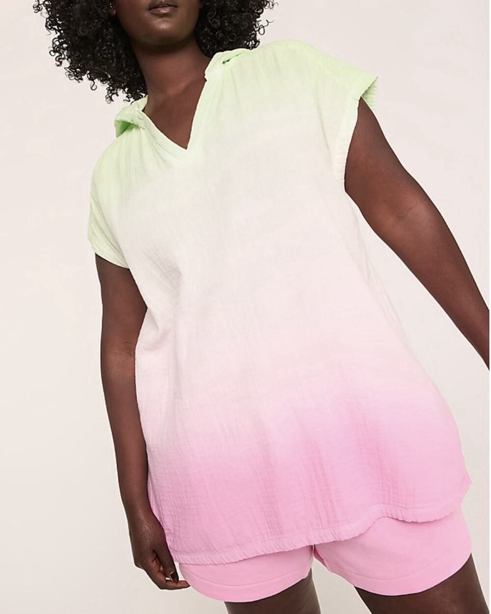 Lane Bryant LIVI Cotton Gauze Short Sleeve Hoodie Top Tie Dye Pink Green 18/20